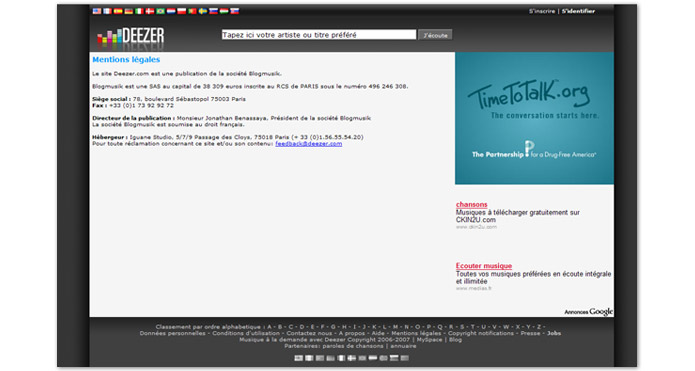 Deezer Page mentions legales